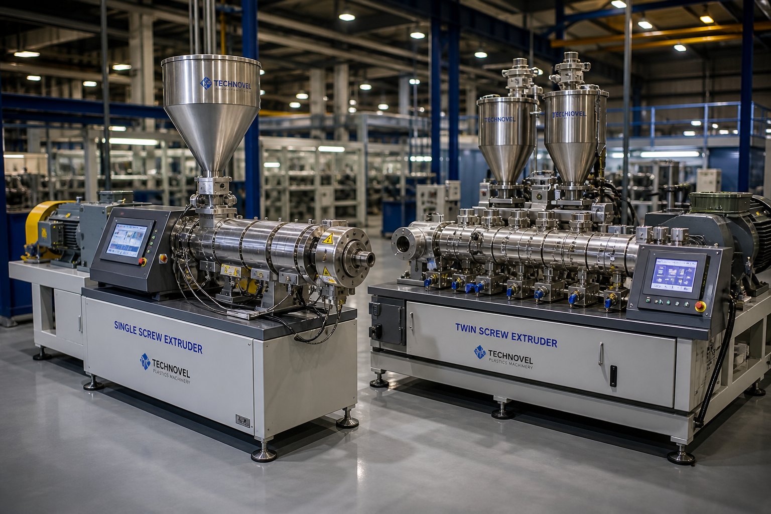 twin screw and single screw extruders side by side in a modern plastics processing facility