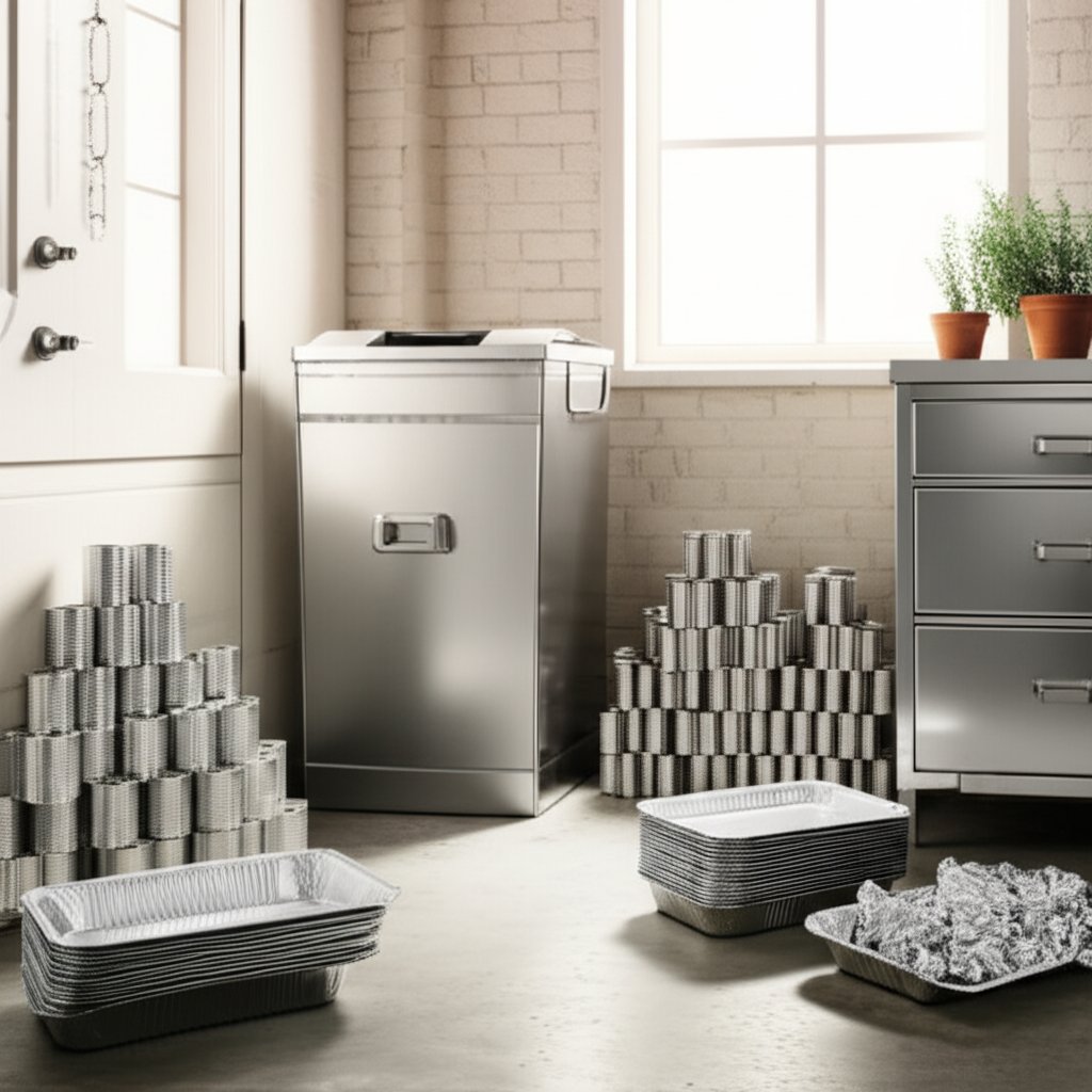 a home recycling station with clean aluminum ready for collection