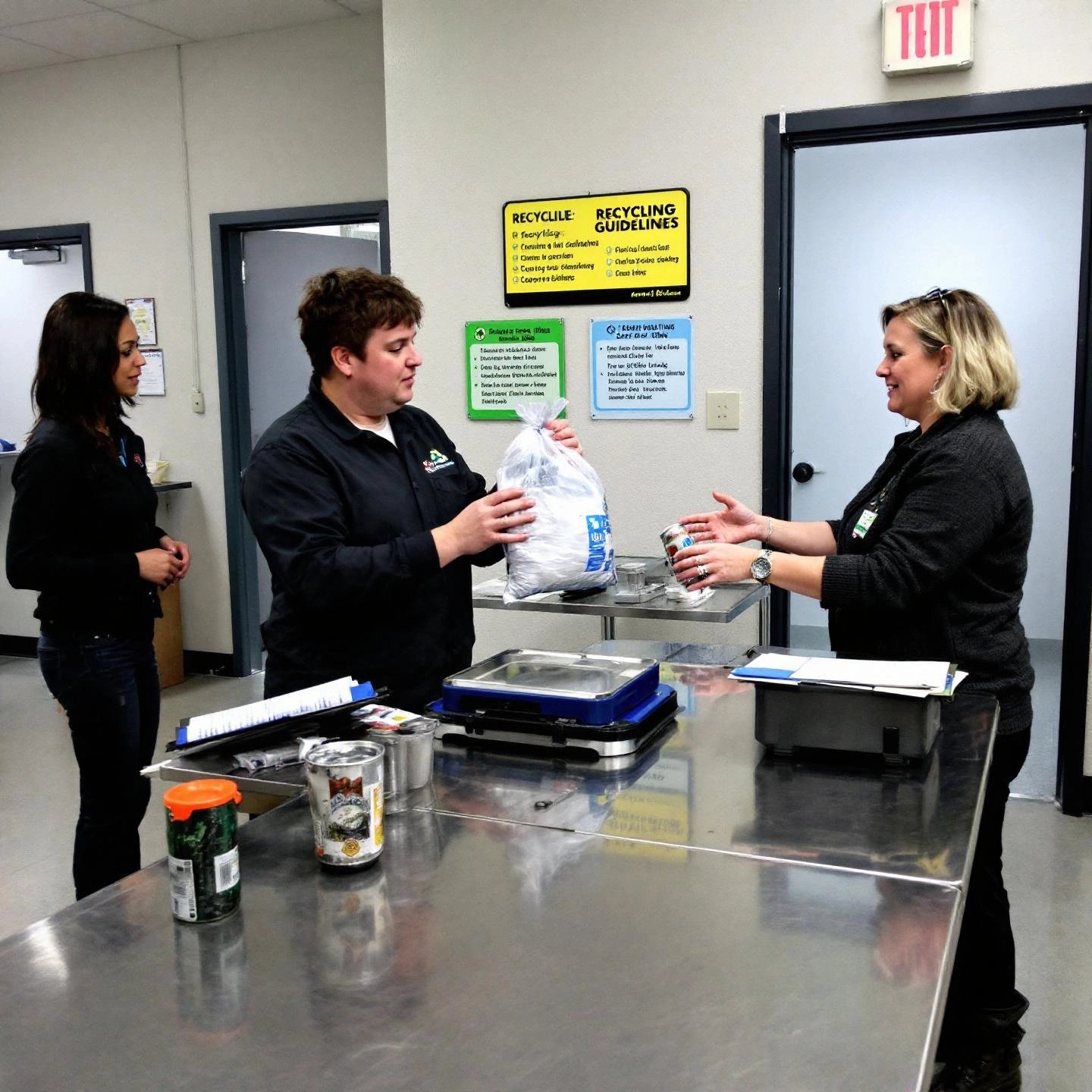 weighing aluminum cans for cash payout at a recycling center