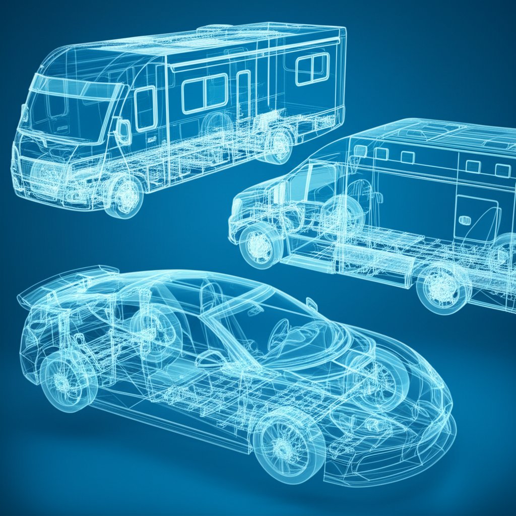 wireframe models of specialty vehicles showcasing the versatility of aluminum frames