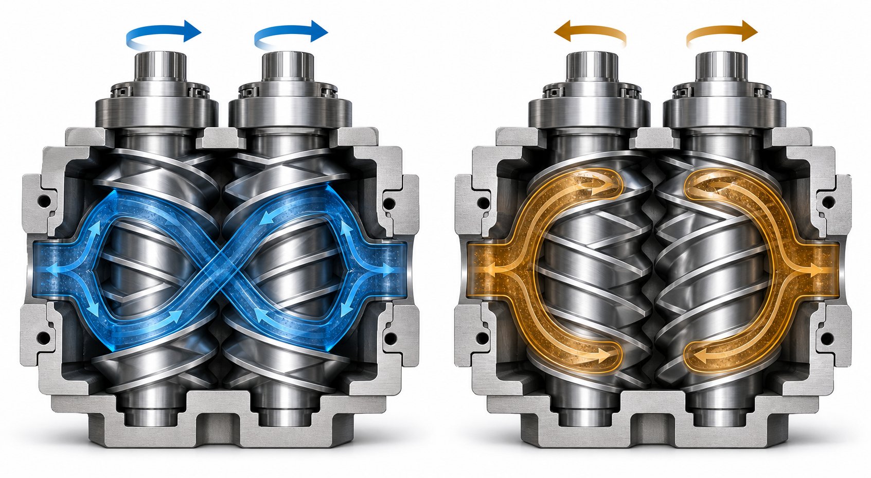 co rotating screws creating a figure eight flow path versus counter rotating screws forming closed c shaped chambers