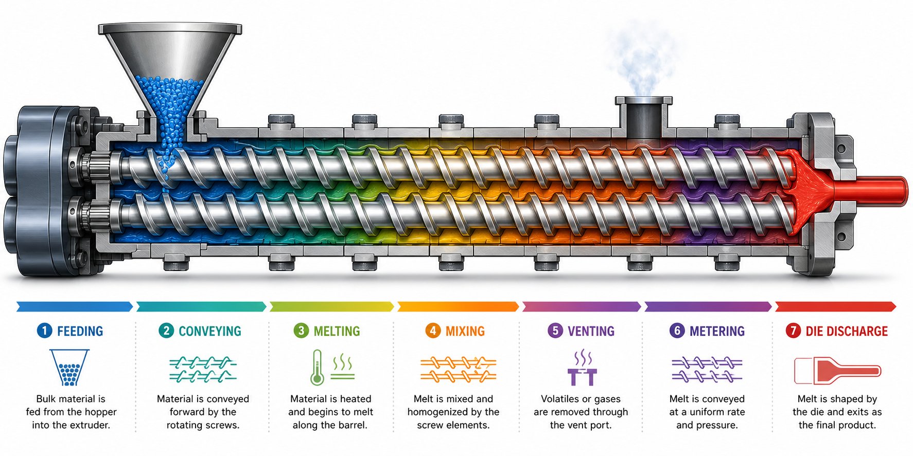 cutaway view of a twin screw extruder illustrating the sequential material processing stages from hopper to die
