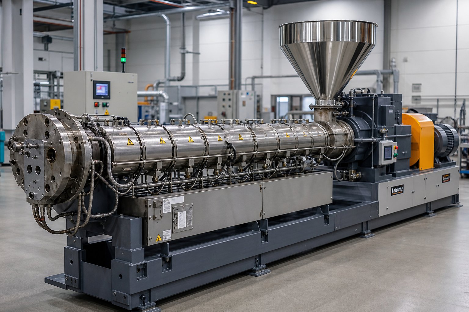 industrial twin screw extruder showing the barrel assembly feed hopper and die head in a polymer processing facility