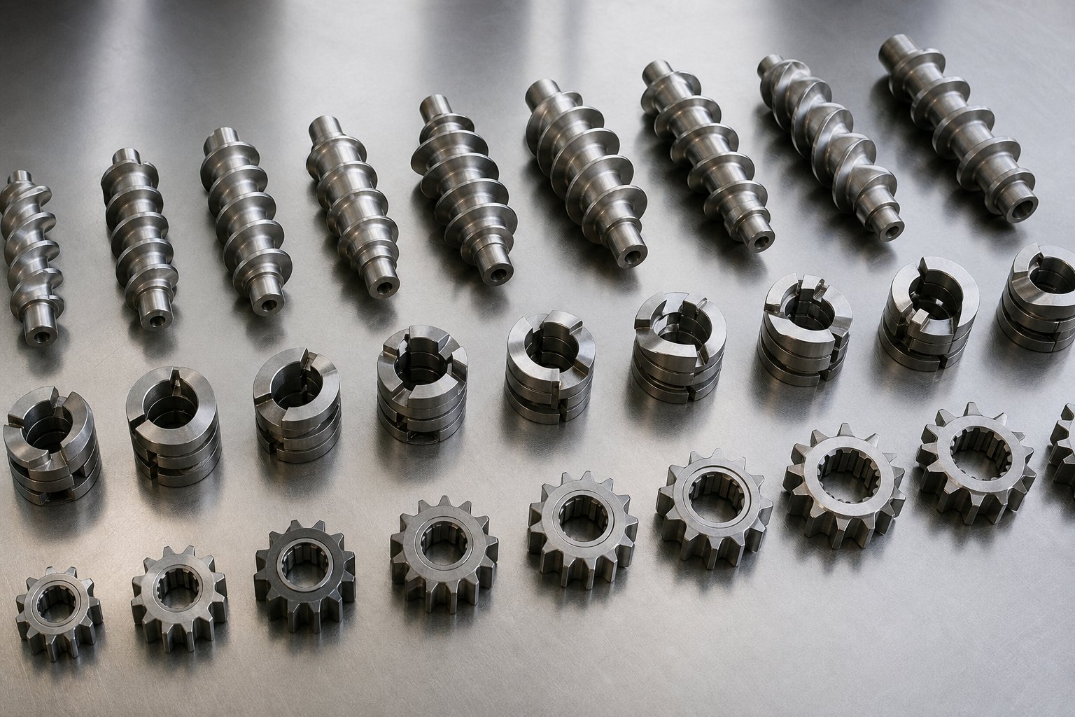 modular screw elements including conveying flights kneading blocks and toothed mixing elements used to build custom processing profiles