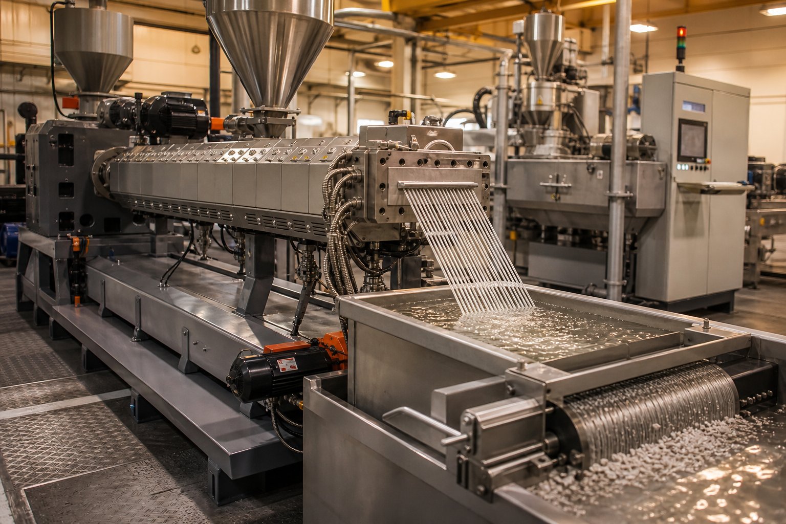 twin screw extruder compounding line with downstream strand pelletizing system in a modern plastics processing facility