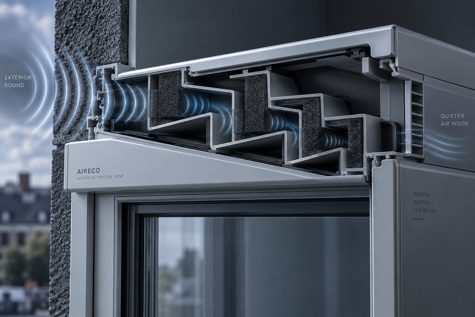acoustic trickle vents use internal baffles and foam inserts to reduce noise transmission while maintaining airflow