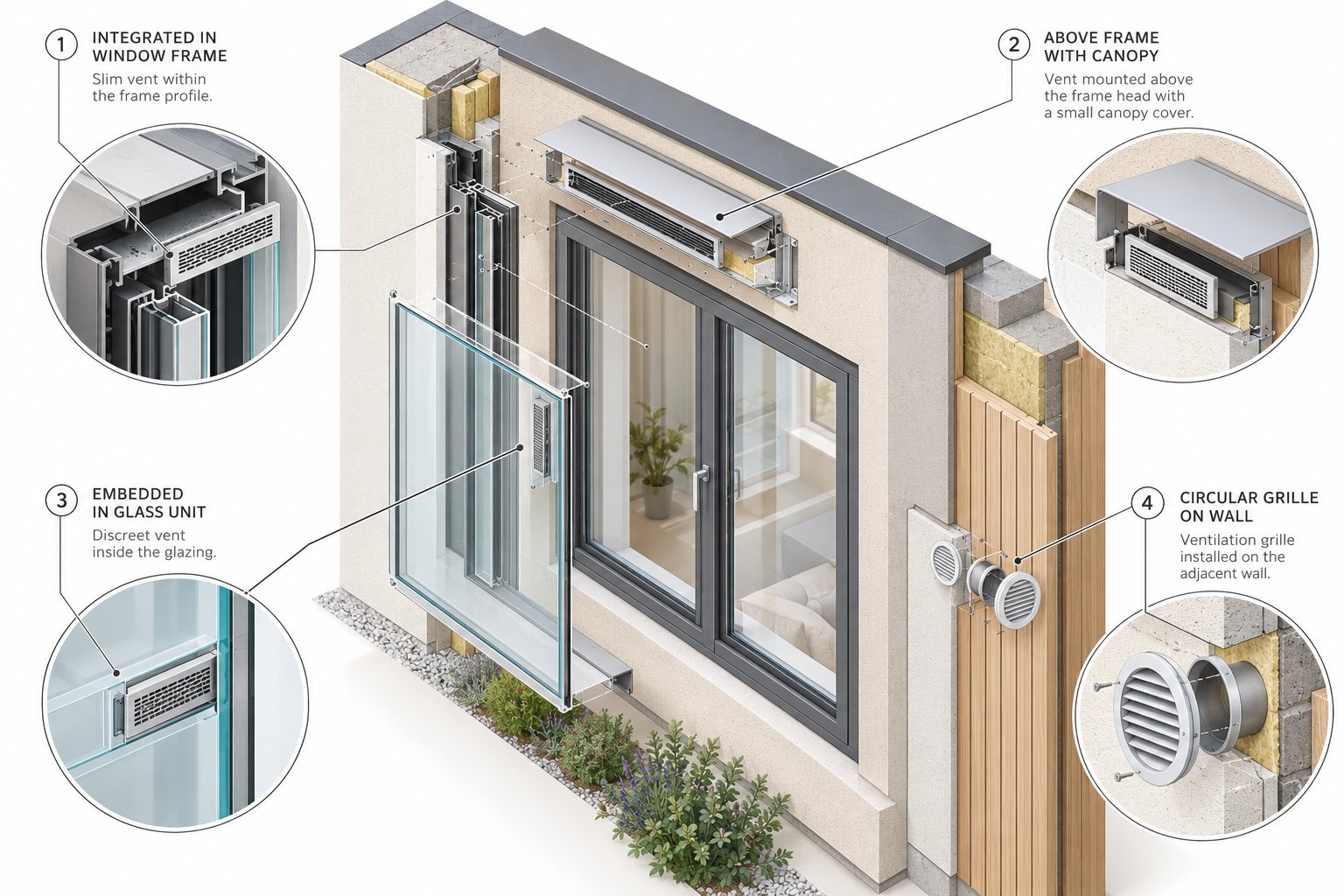 four trickle vent mounting positions through frame over frame glazed in and wall mounted each suited to different project requirements