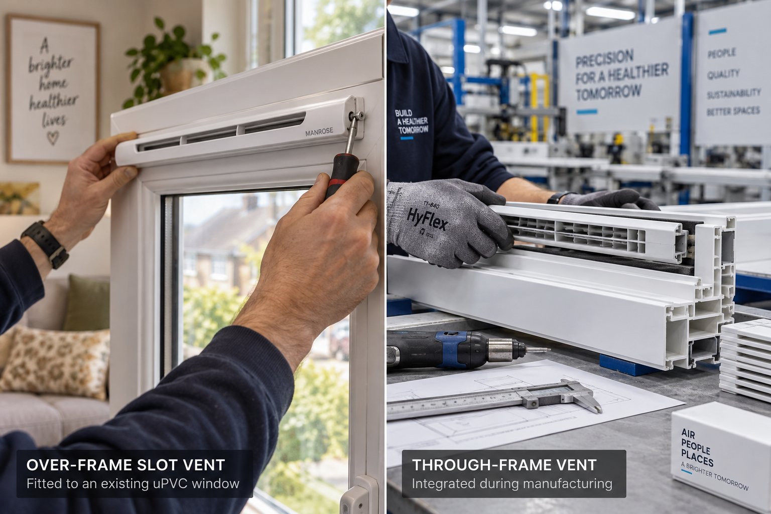 retrofit installations typically use over frame vents on existing windows while new builds allow factory integrated through frame options