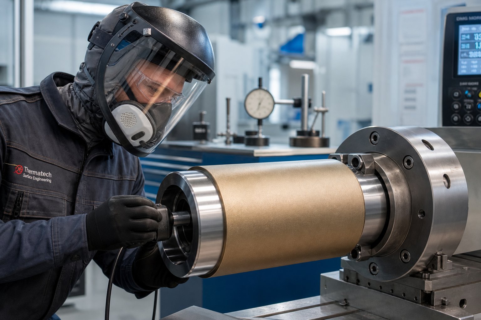 a technician inspects a spray welded component for dimensional accuracy and coating quality before returning it to service