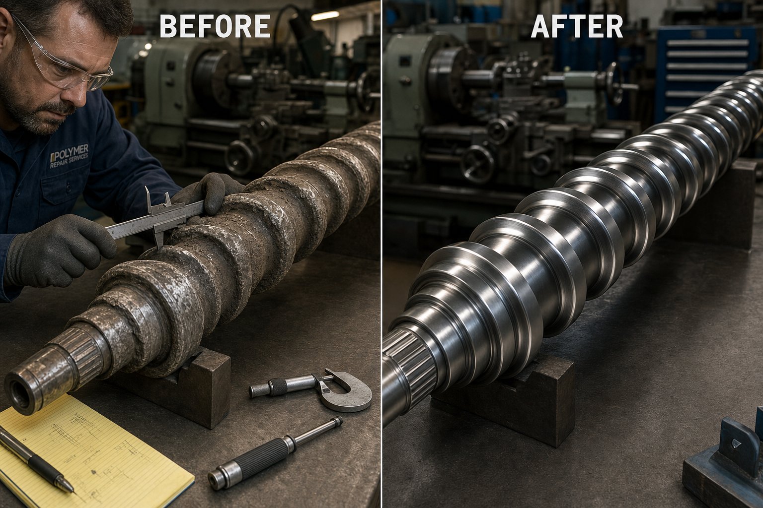 a worn extruder screw before and after spray welding restoration illustrating the repair versus replace decision