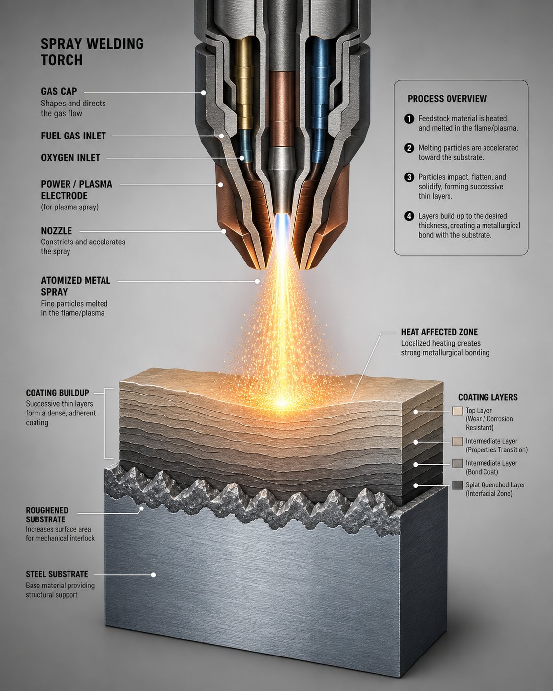 cross section view of the spray welding process showing feedstock material being heated and deposited in layers onto a prepared substrate