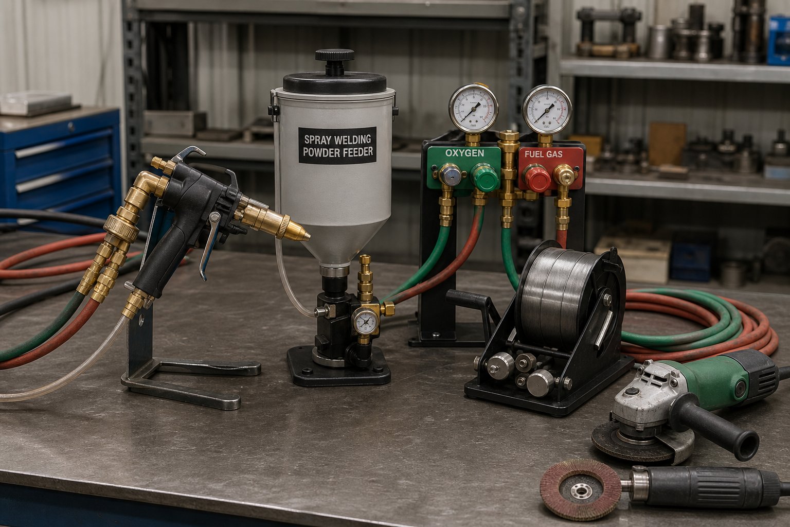 essential spray welding equipment including spray guns powder feeders gas regulators and finishing tools