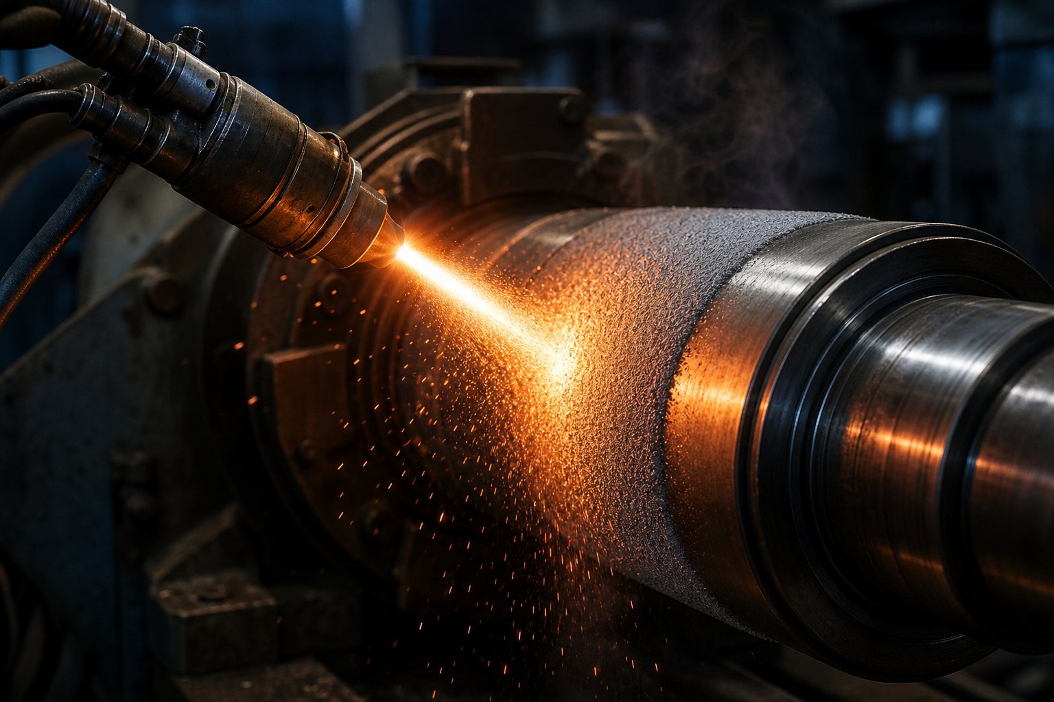 spray welding deposits molten alloy onto a worn shaft to restore its surface and extend component life