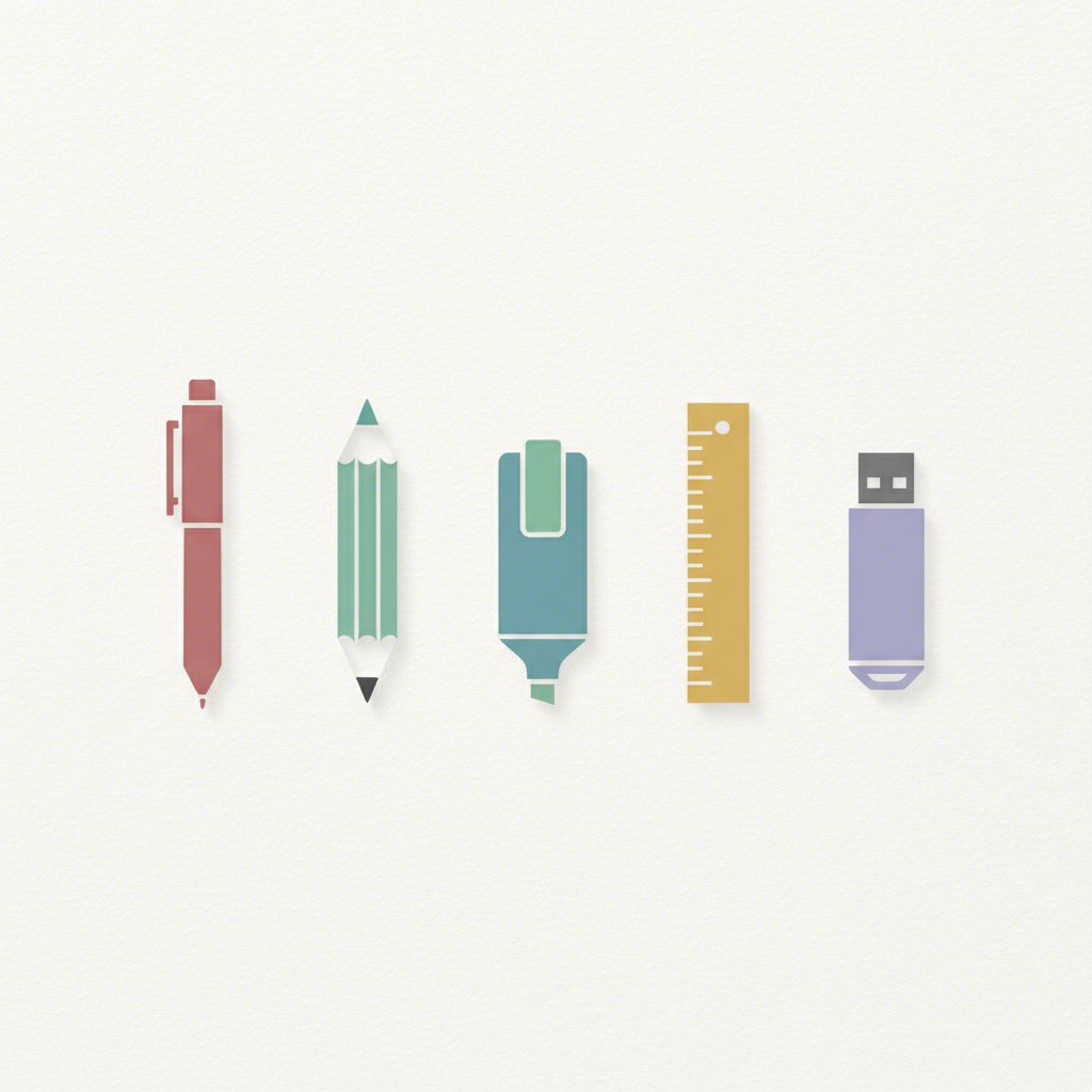 a collection of essential items for a high school pencil case