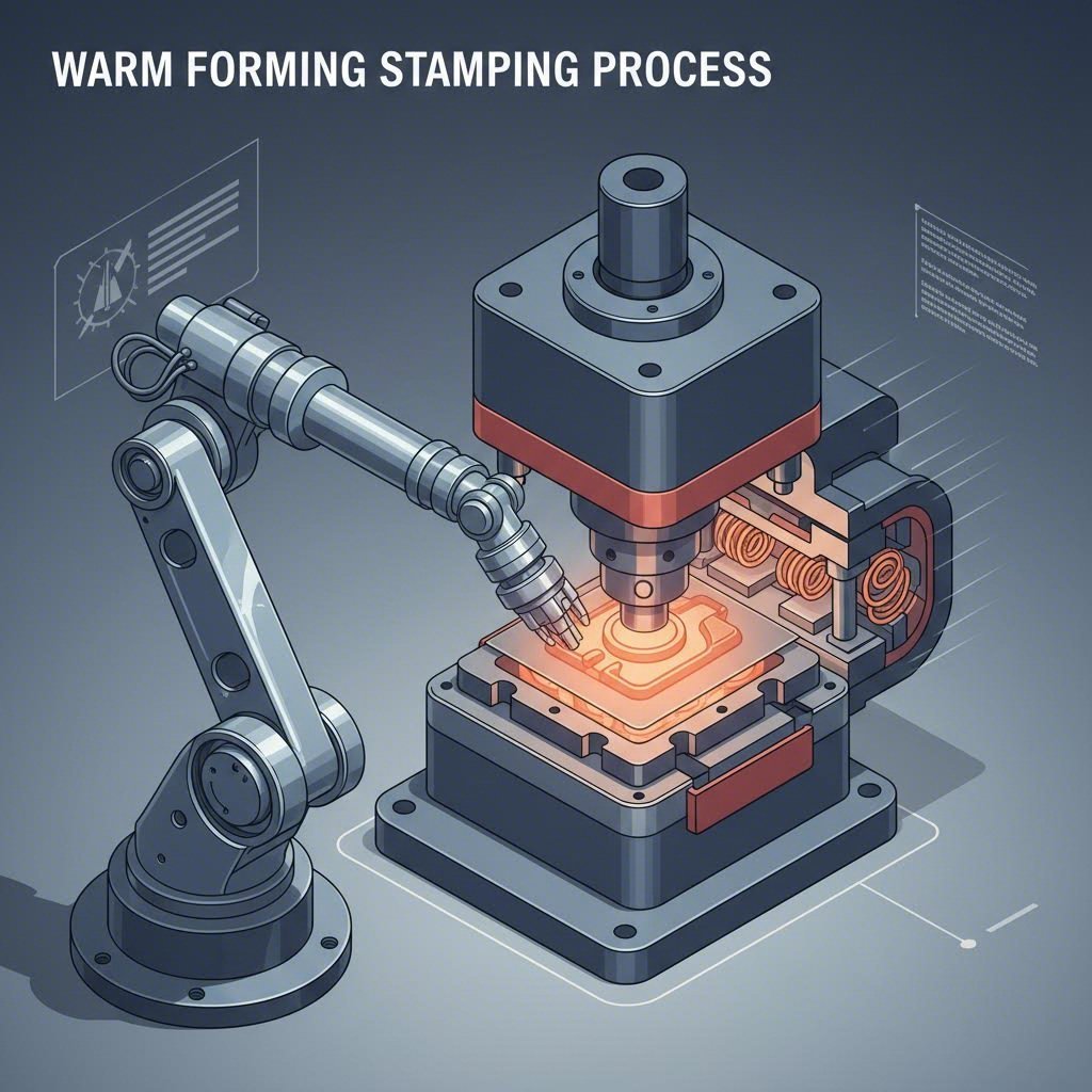 Warm forming process diagram with heated tooling for magnesium sheet