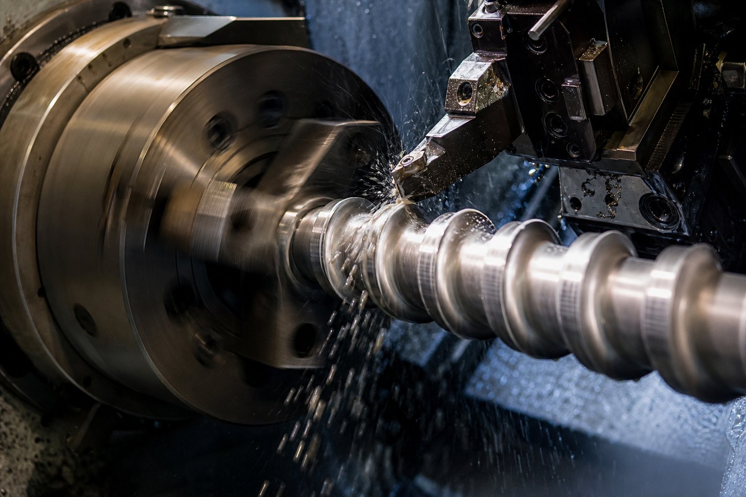 cnc lathe cutting helical flights into an extruder screw blank during the precision machining stage