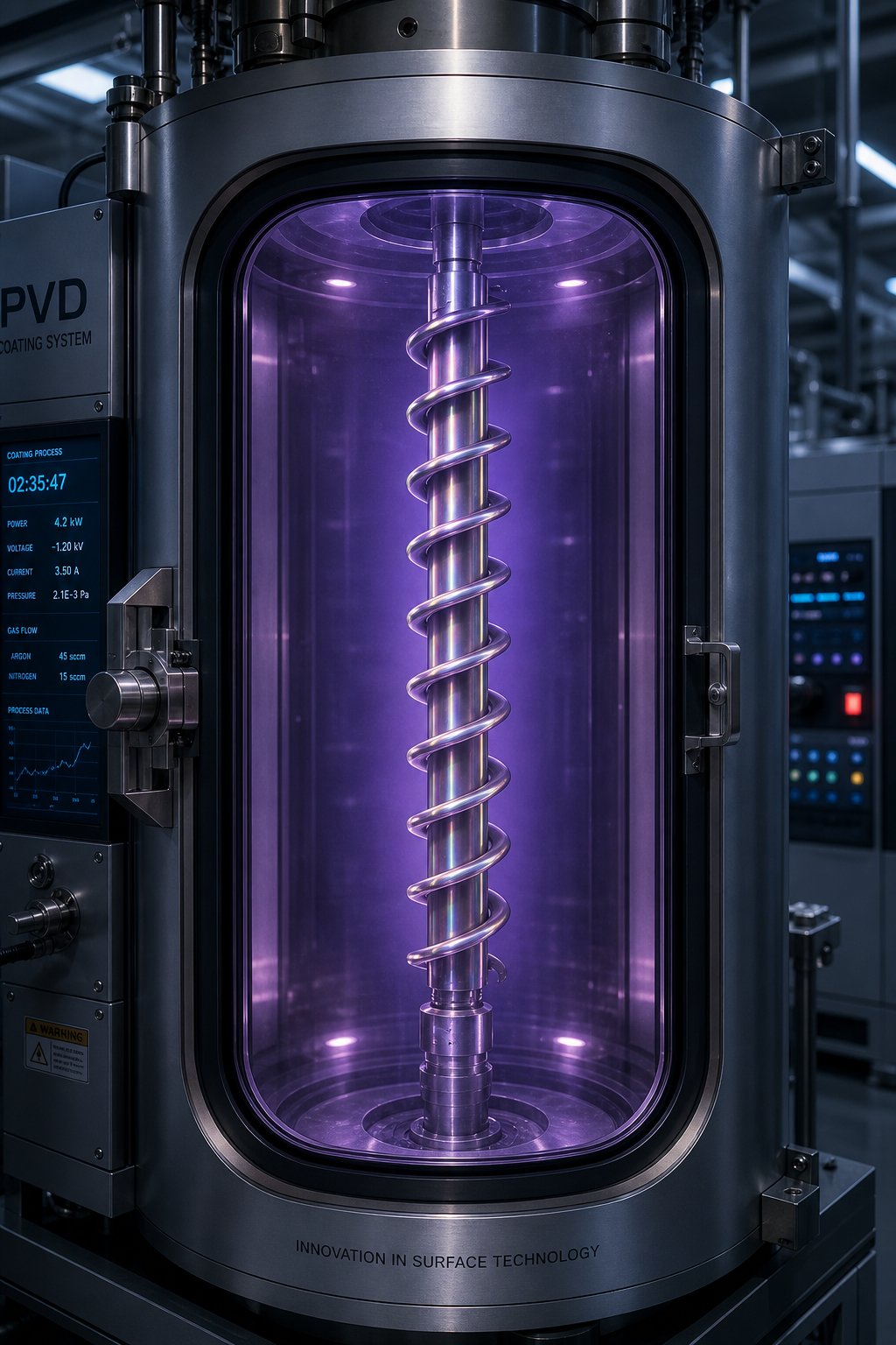 extruder screw receiving advanced pvd thin film coating inside a vacuum deposition chamber