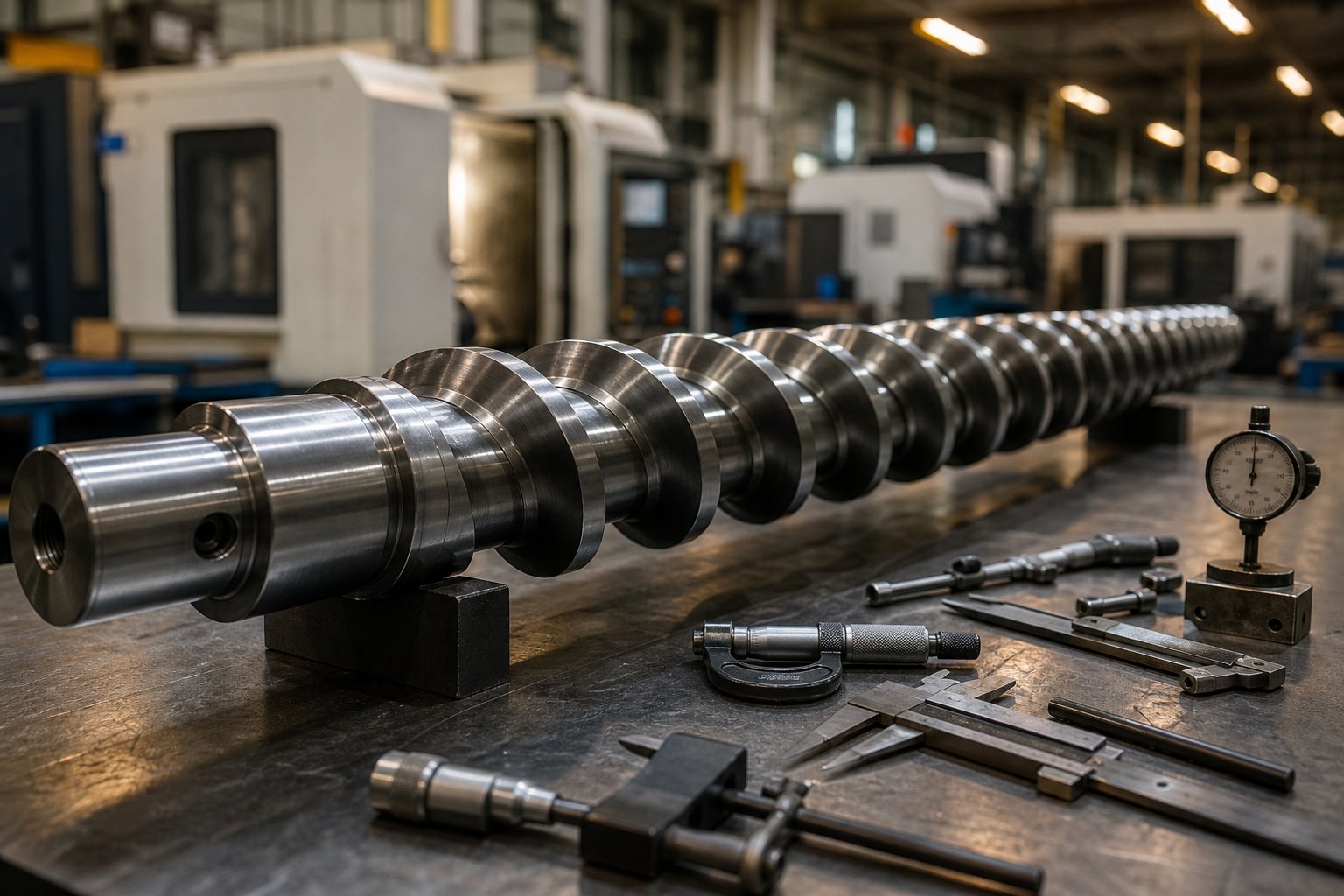 precision machined extruder screw showcasing helical flight geometry in an industrial manufacturing facility