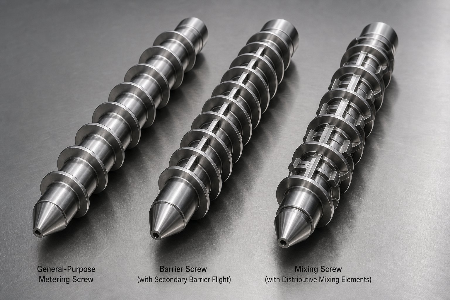 three extruder screw designs %E2%80%94 metering barrier and mixing %E2%80%94 showing distinct flight geometries for different applications