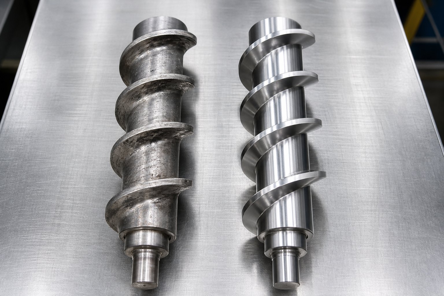 worn extruder screw flight surfaces compared with a new screw section during quality inspection