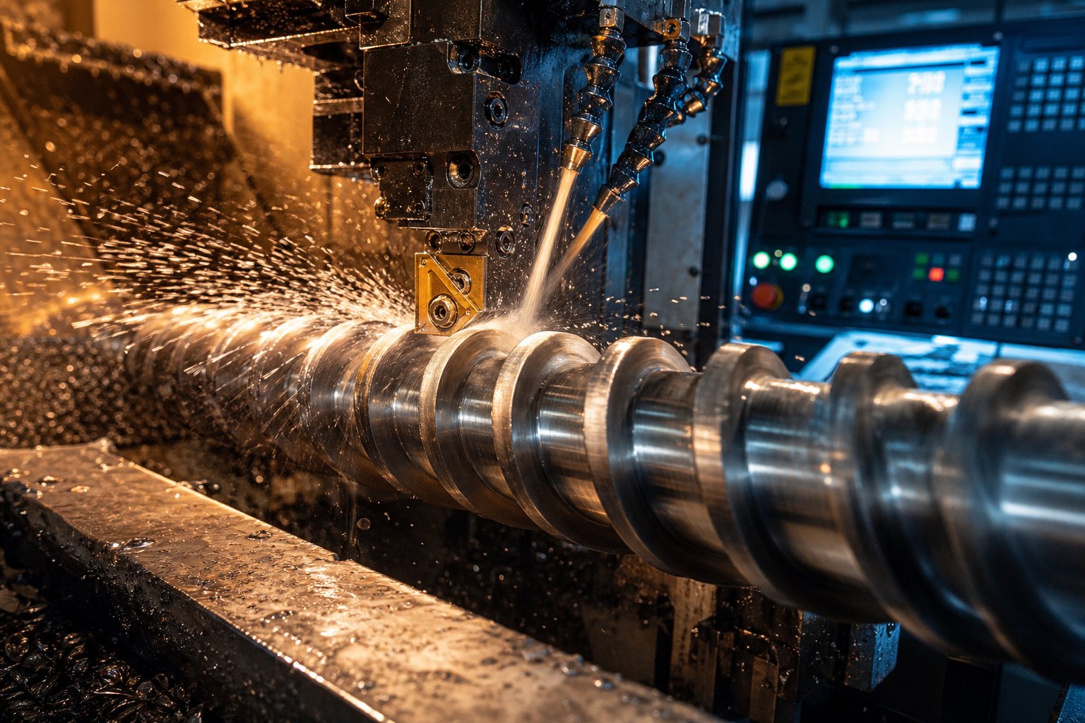 cnc lathe machining the flight profile of an injection screw from a solid steel billet