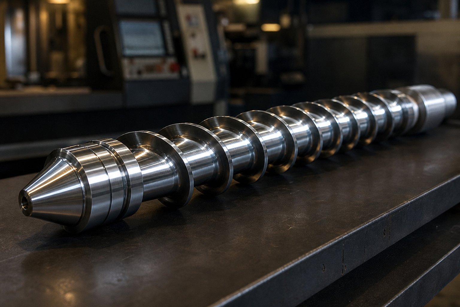 precision engineered injection molding screw showcasing detailed flight geometry and machined finish