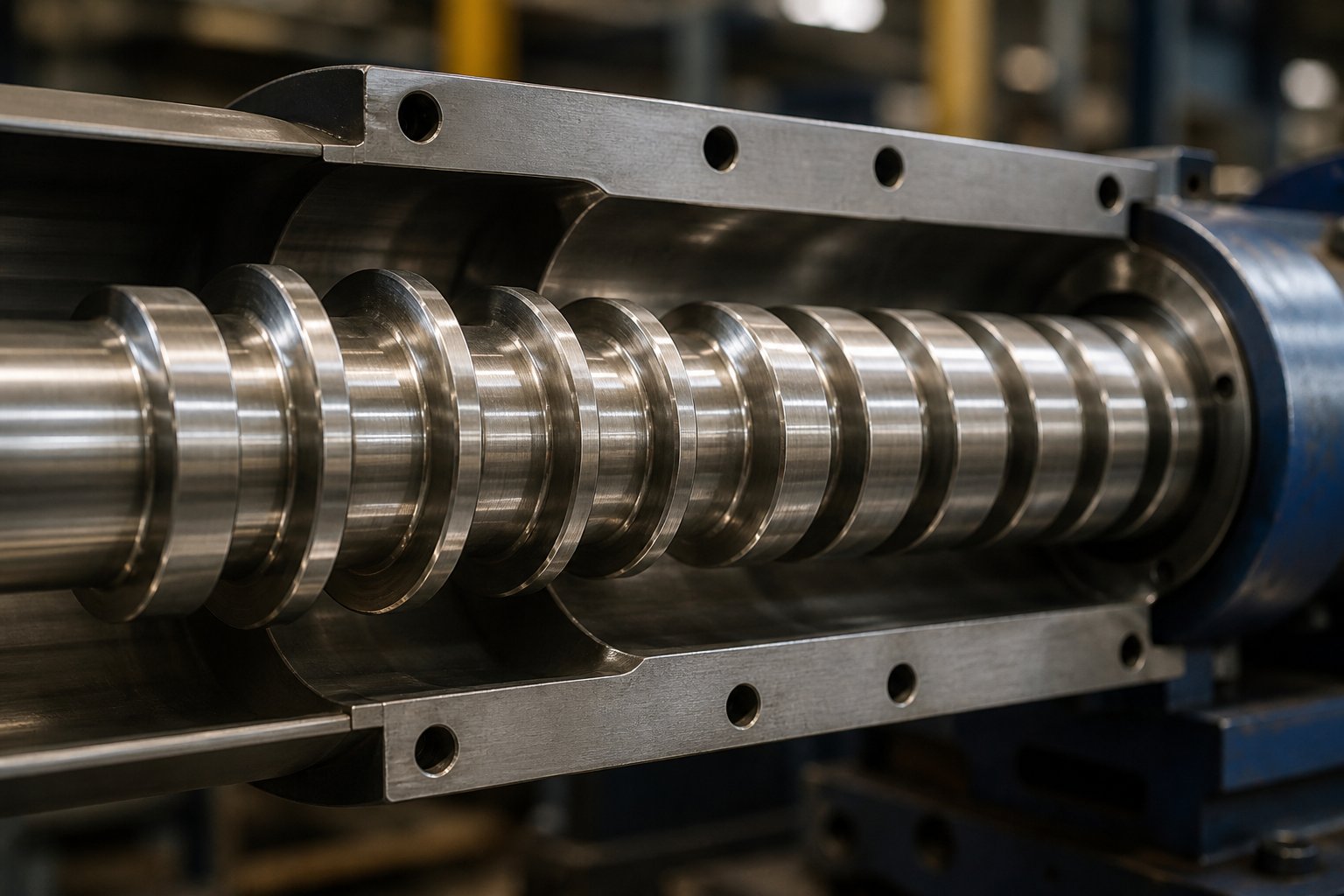 a single extruder screw showing the helical flights and varying channel depths that drive polymer melting and pressure generation