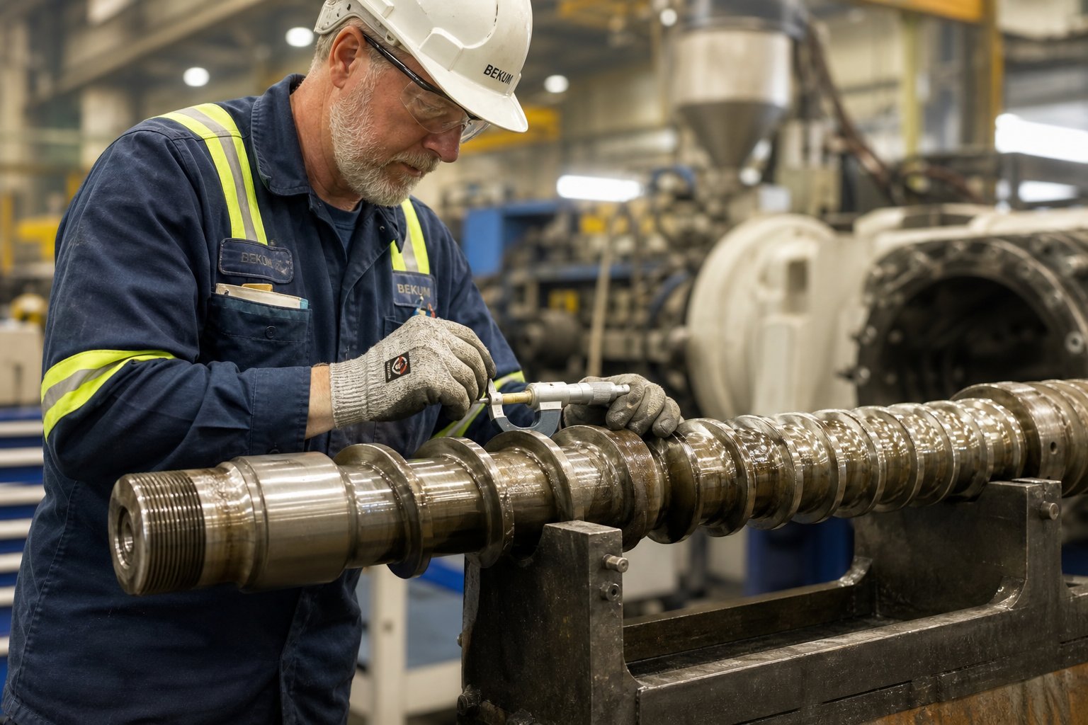 a technician measuring flight clearance on a worn single extruder screw during a scheduled maintenance inspection