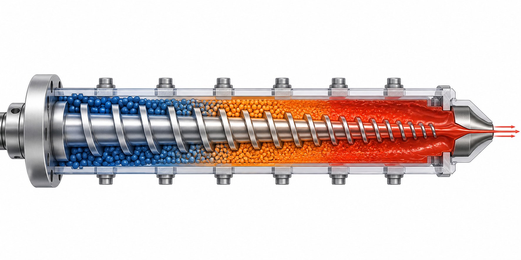 cutaway view of a single extruder screw illustrating the feed compression and metering zones inside the barrel
