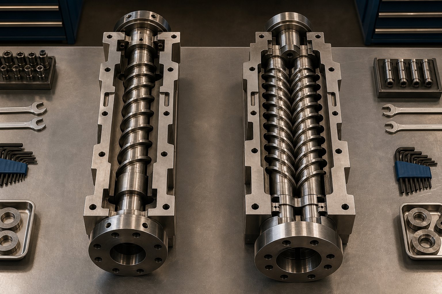 single screw and twin screw barrel assemblies shown side by side highlighting the fundamental difference in screw arrangement