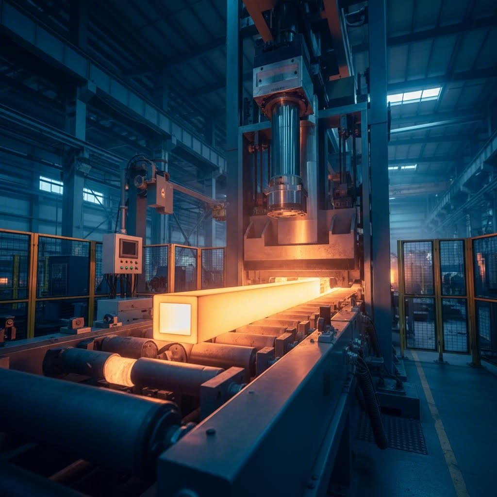 rectangular aluminum extrusions emerging from precision dies during the manufacturing process