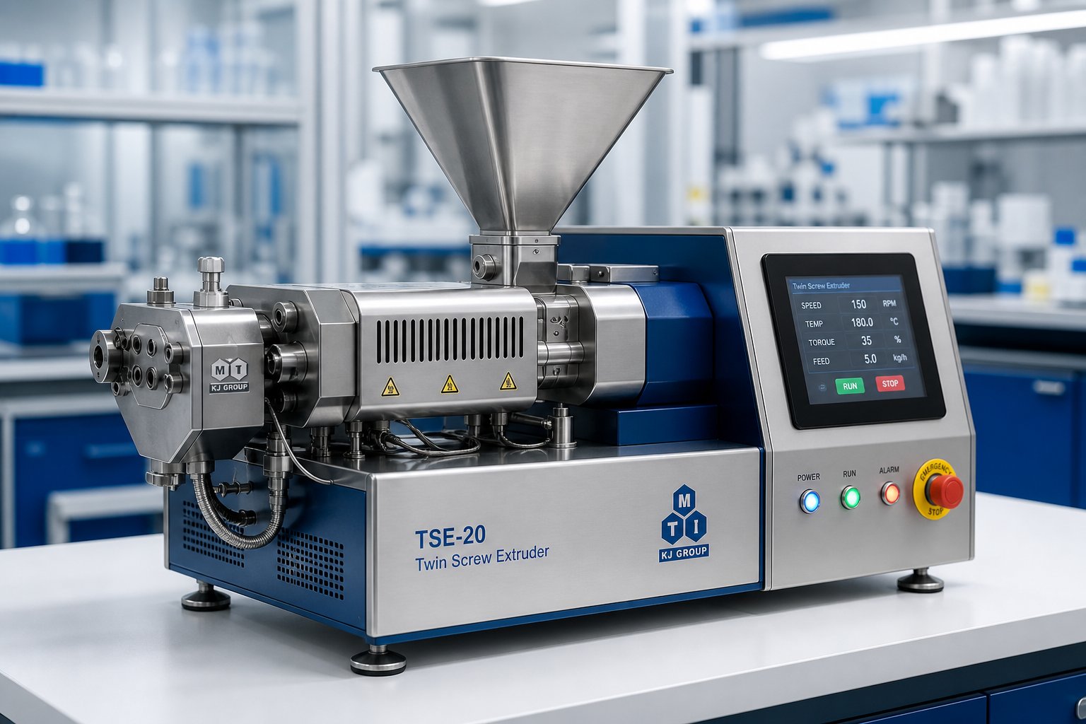 a table top twin screw extruder on a laboratory bench designed for compact polymer processing and r&d applications