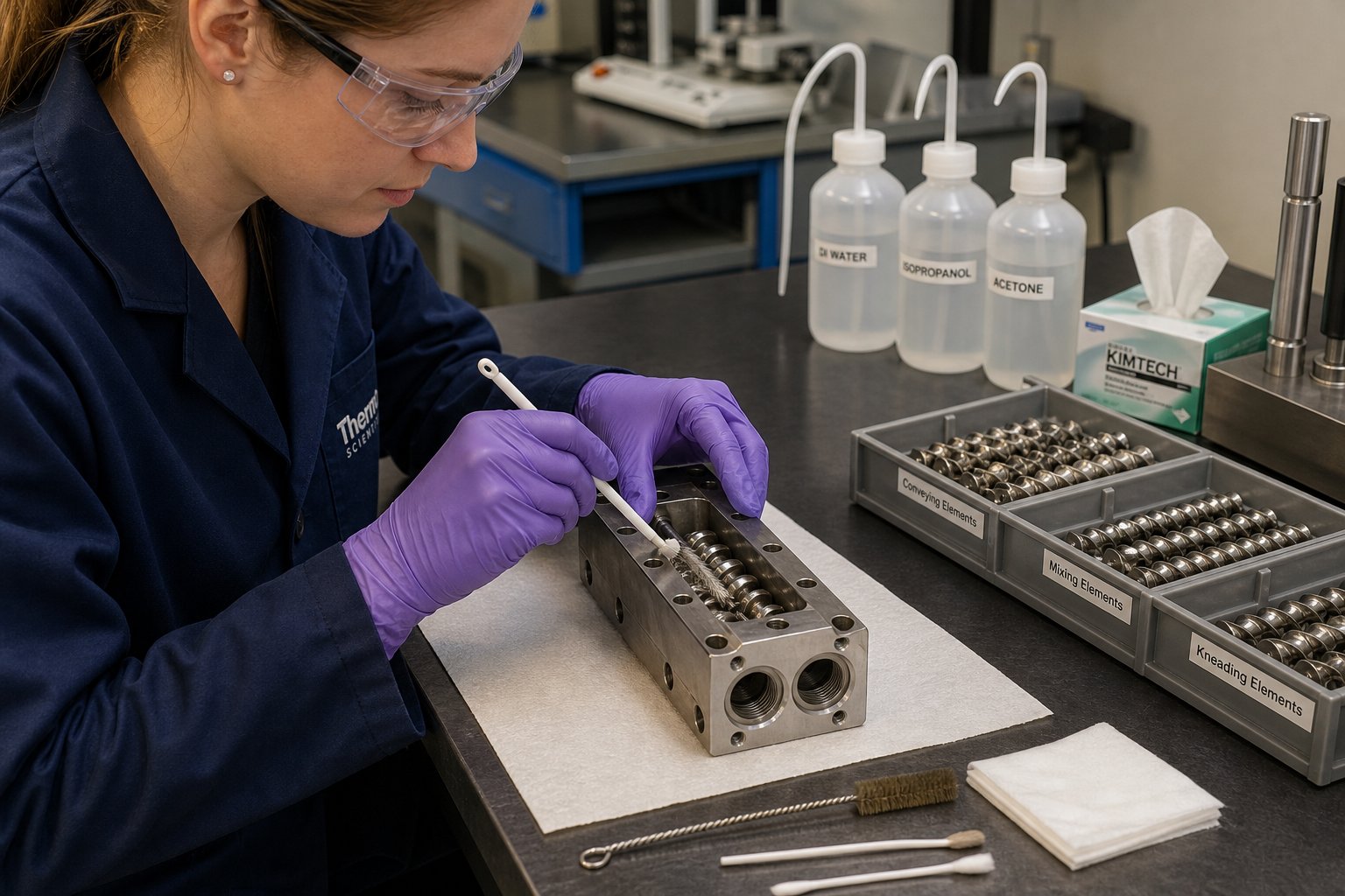 a technician performing routine maintenance and cleaning on a tabletop twin screw extruder to ensure consistent processing results