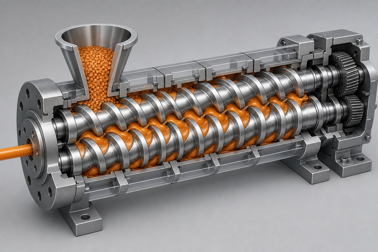 cross section view of co rotating intermeshing twin screws inside an extruder barrel illustrating the self wiping mixing action