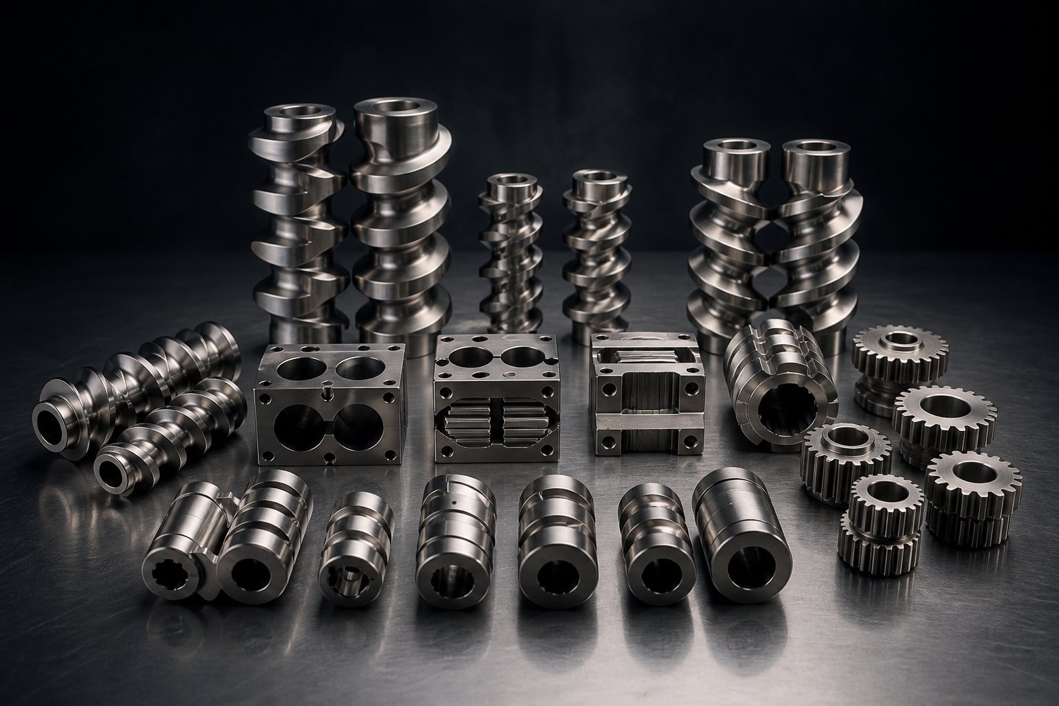 modular screw elements including conveying flights kneading blocks and mixing elements used to build custom twin screw profiles