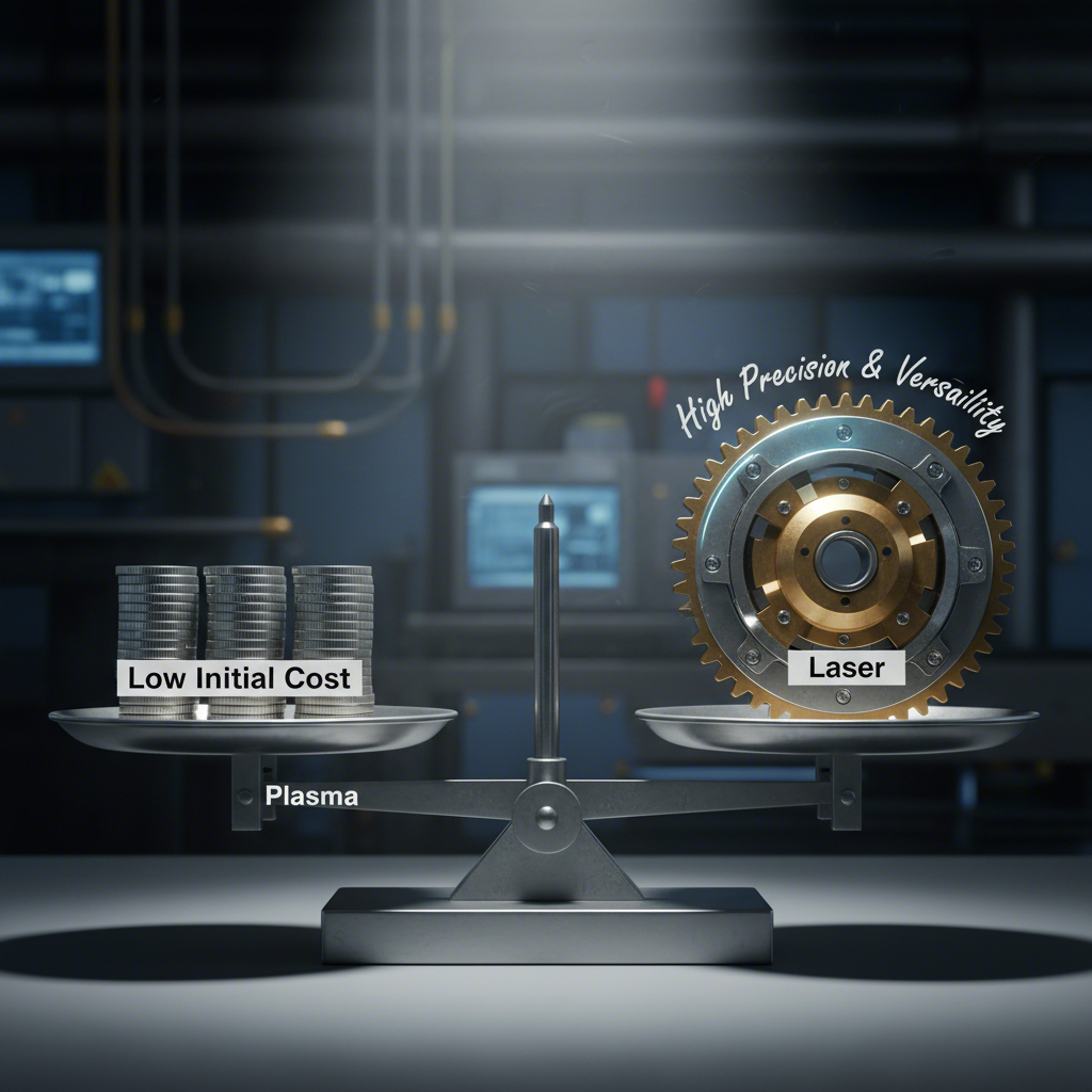 a scale balancing the low cost of plasma cutting against the high precision of laser cutting