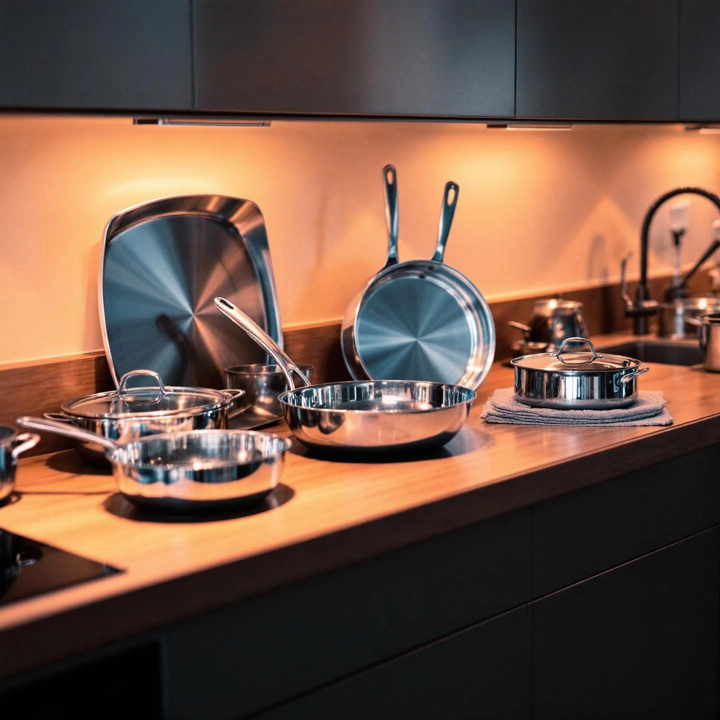 a variety of aluminum pan sizes displayed for kitchen and catering use