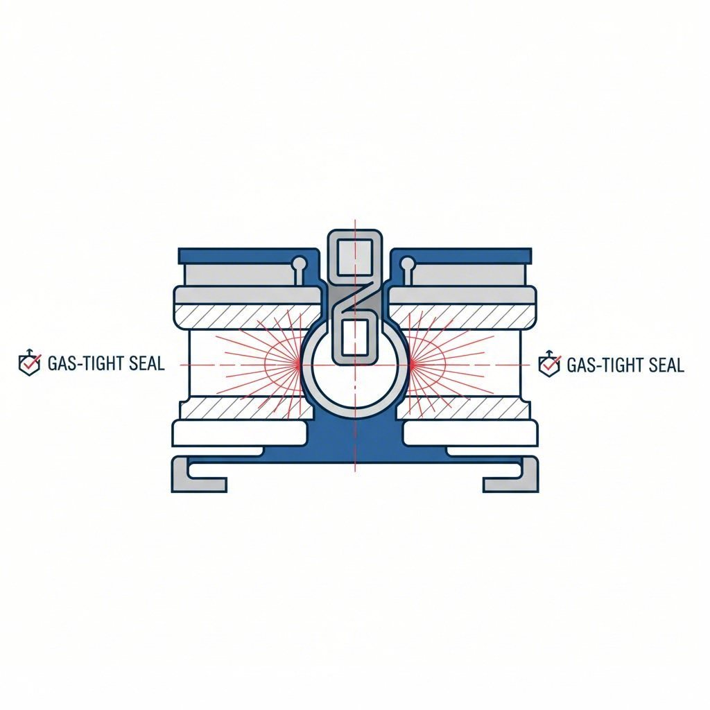 Cross section diagram of a press fit compliant pin creating a gas tight seal