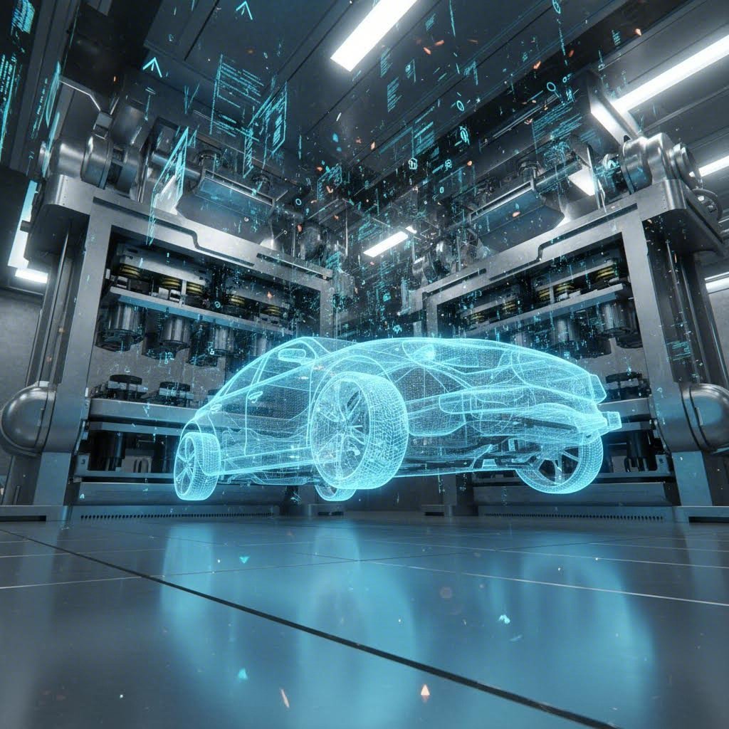 Futuristic automotive stamping line with digital twin technology and EV chassis