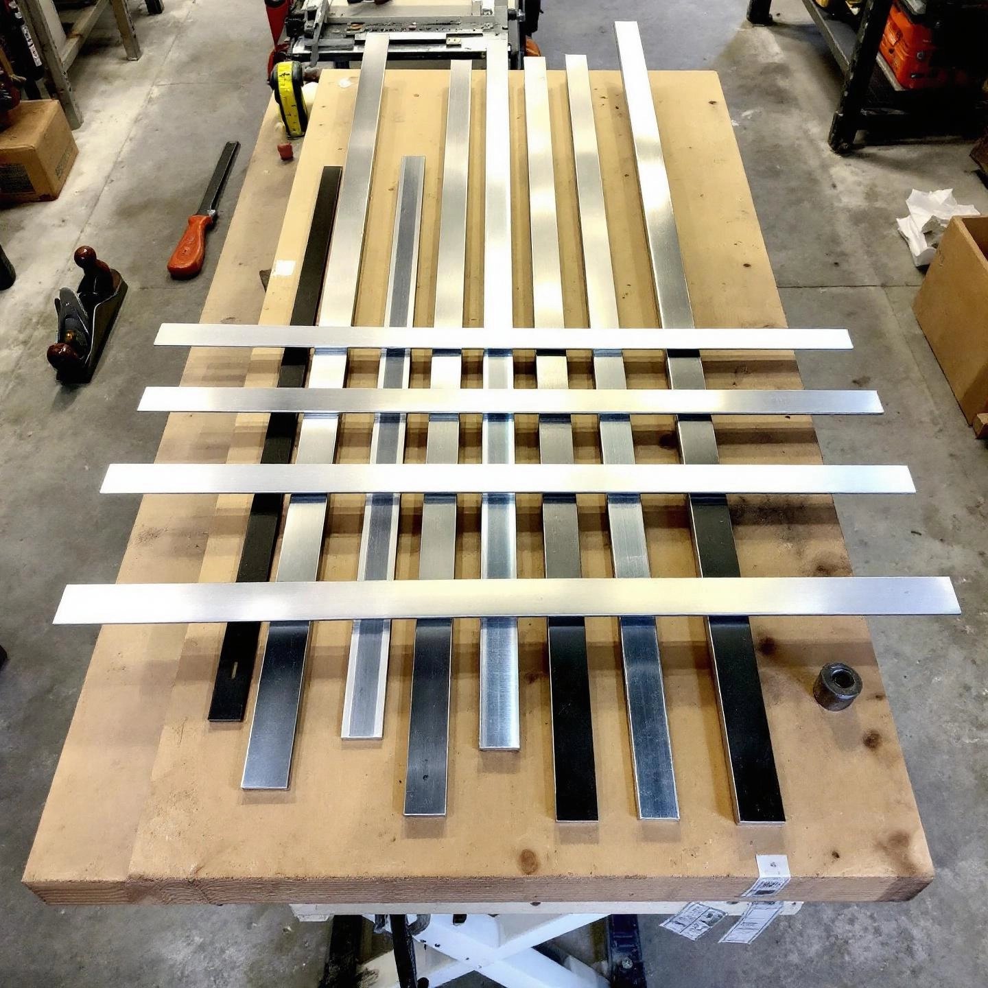a selection of aluminum straight edges in a professional workshop setting ready for precision work