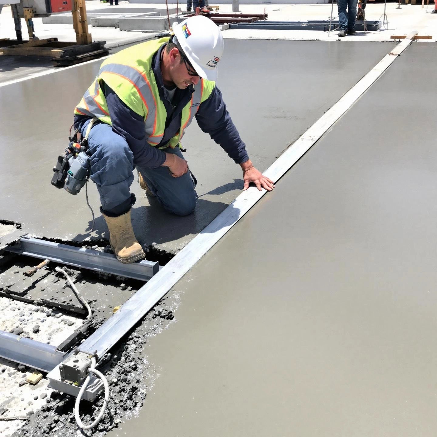 worker screeding concrete with an aluminum straight edge for a smooth level finish