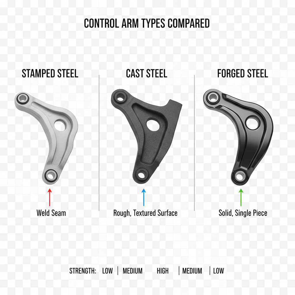 visual comparison of stamped cast and forged steel control arms