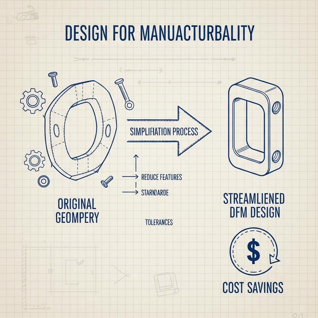 Design for Manufacturability comparison showing complex vs optimized symmetrical part geometry