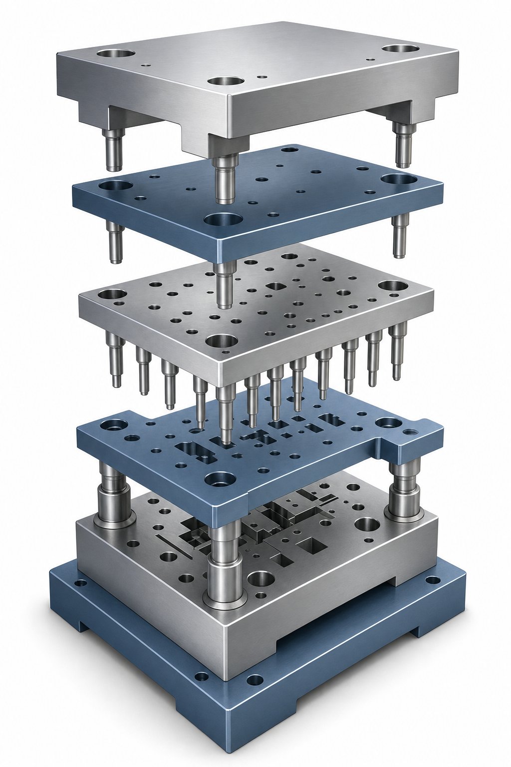 info-1-1 exploded view of a progressive die showing the layered arrangement of structural and working components