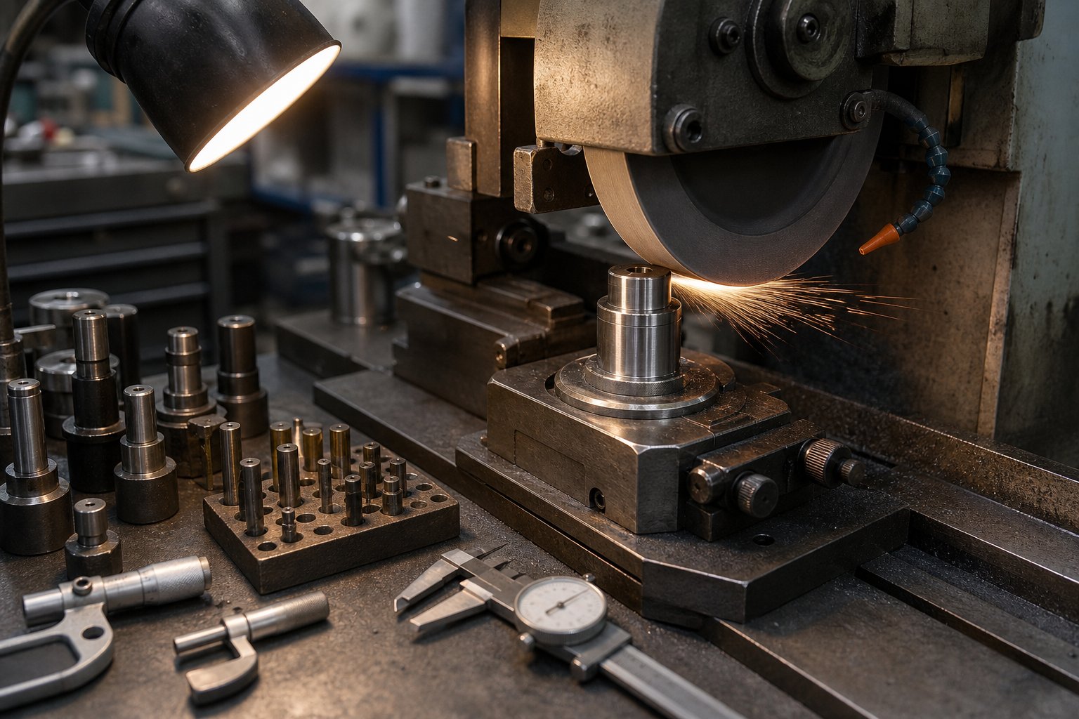 info-1-1 precision grinding of a progressive die punch insert during scheduled maintenance to restore cutting edge sharpness