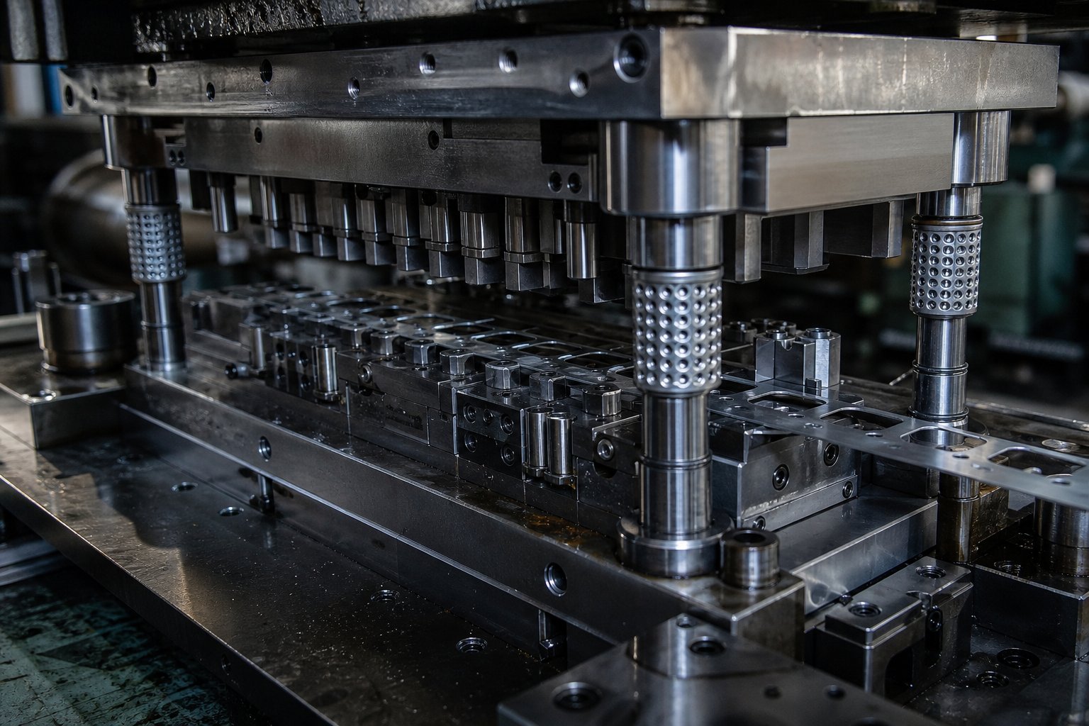 info-1-1 progressive stamping die with multiple stations installed in a press showing the precision machined upper and lower die assemblies