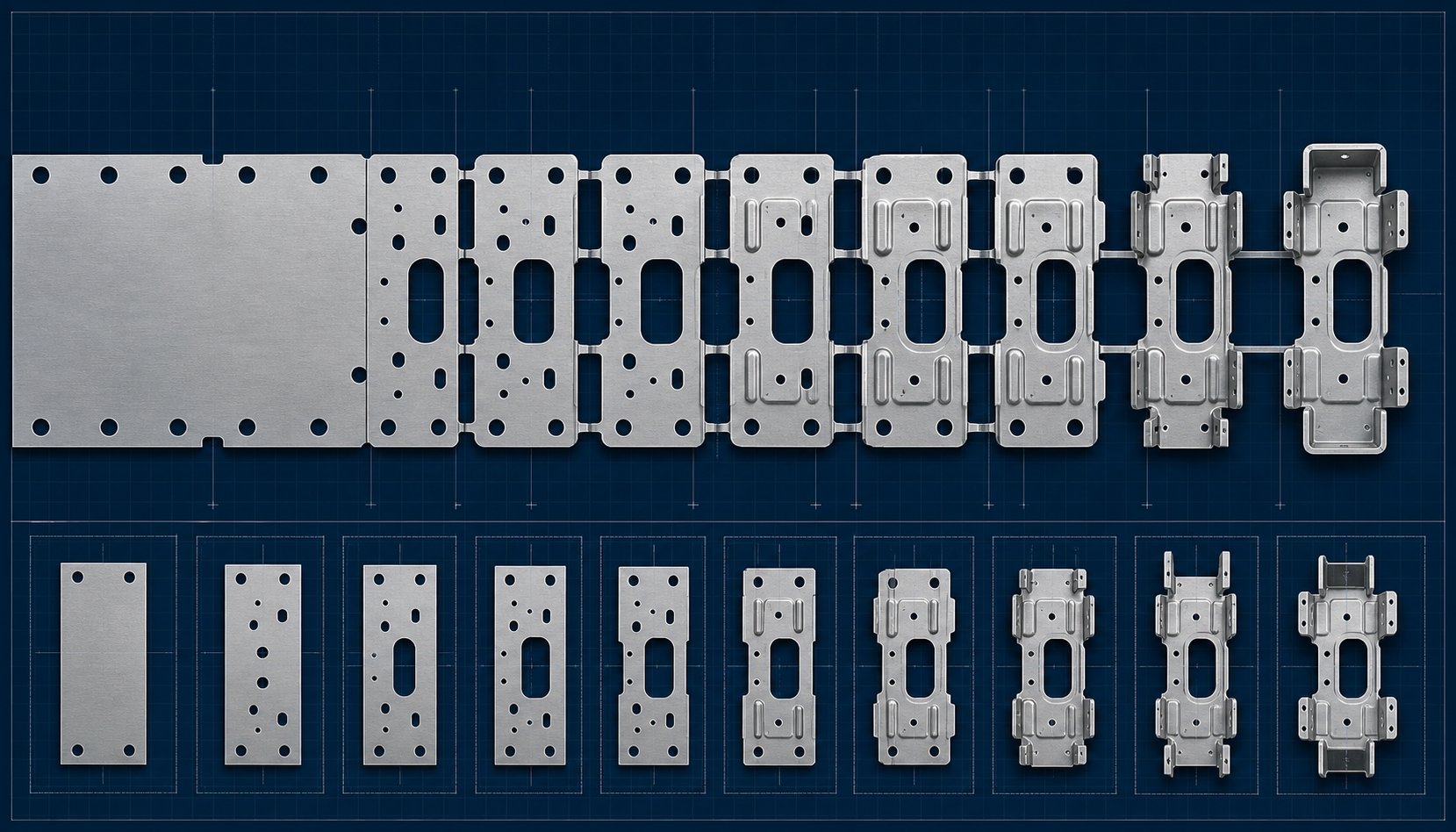 info-1-1 strip layout showing how a flat metal coil progresses through multiple die stations from raw material to finished part