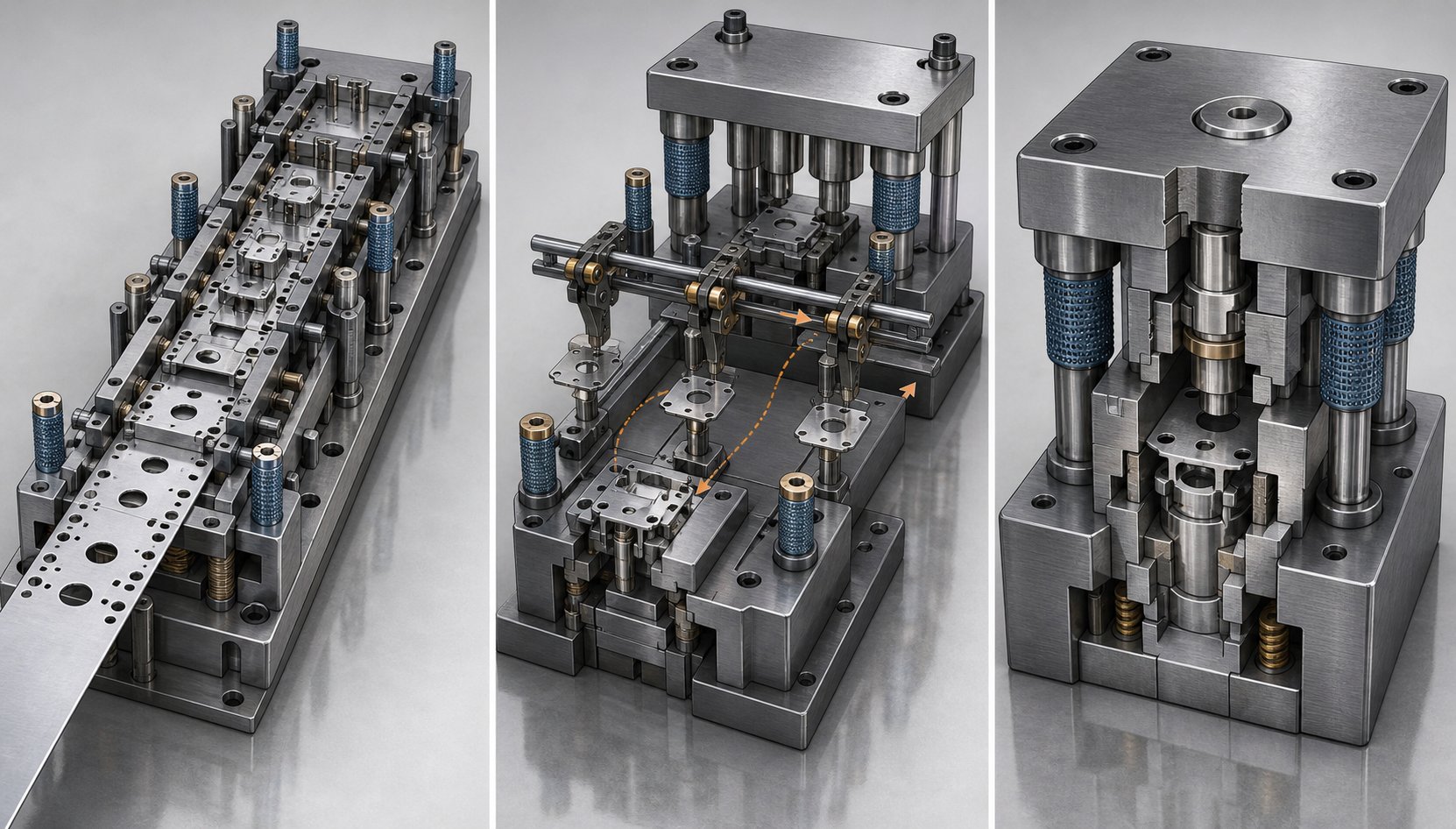 info-1-1 visual comparison of progressive transfer and compound die types showing their different material handling approaches