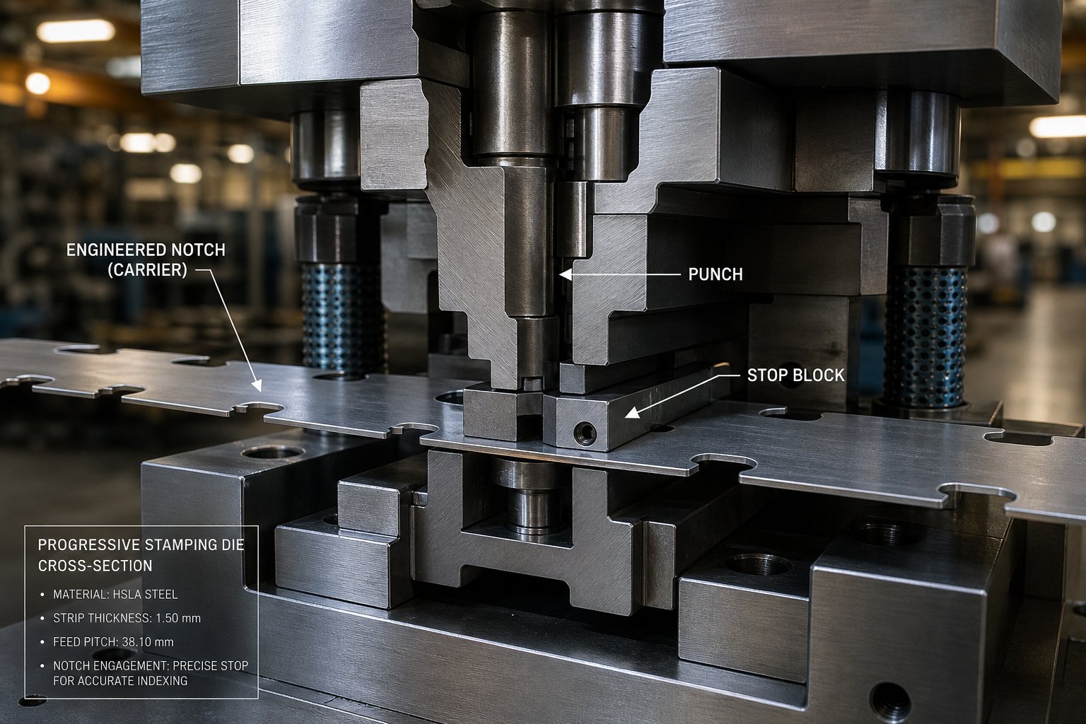 bypass notches in a progressive stamping die carrier strip provide mechanical feed control and clearance for formed features