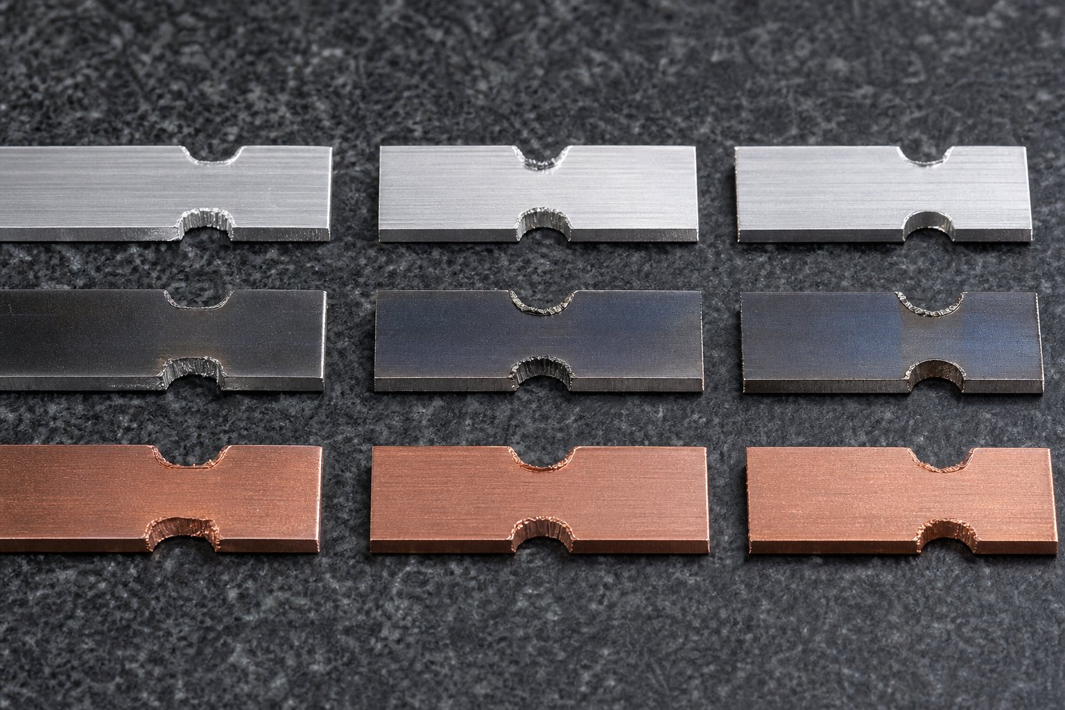 different metal strip materials showing how bypass notch edge quality varies with material hardness and ductility
